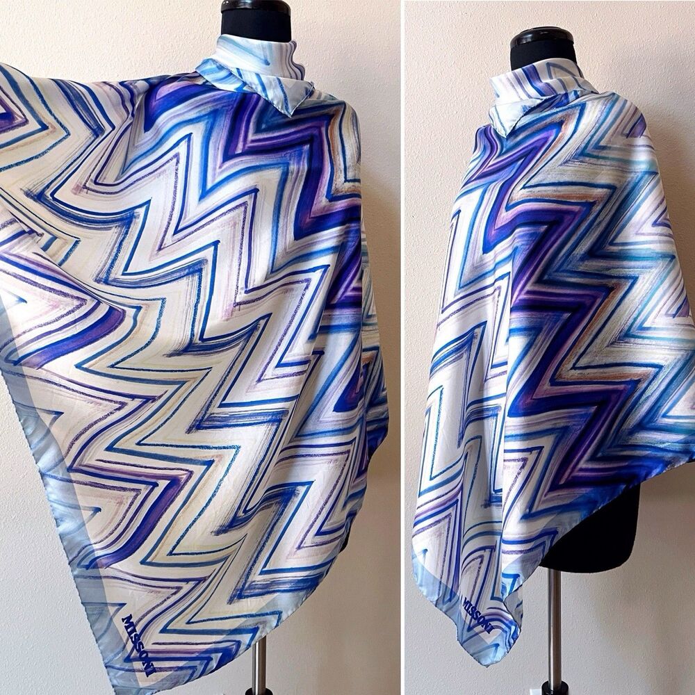 Missoni Large Silk Scarf 35" Blue Purple Zigzag Chevron Print Made in Italy